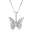 Makro-Detail der silbernen Schmetterling-Halskette mit glänzenden Zirkoniasteinen und O-Kette - Platin + Weiß
