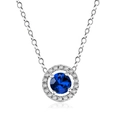 Classic silver necklace featuring a round dark blue sapphire pendant with a halo design - White Gold Blue Zirconia