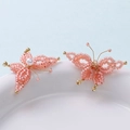 Pink crystal butterfly earrings with pearl tassel and gold wire handmade design - Orange