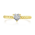 Close-up of heart-shaped zircon ring with twisted gold band and three-prong setting - Size 5 / Heart Shape (R773) / Gold
