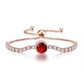 Detail of rose gold box chain bracelet with halo-set red stone and slide clasp - Rose Gold Red Stone