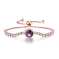 Detail view of rose gold adjustable bracelet with round purple gemstone and white zircon stones - Rose Gold Purple Stone