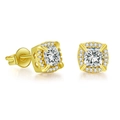 Iced-out gold hip-hop square zircon stud earrings with micro-pave stones and heart detail - Gold Plated + White Stone