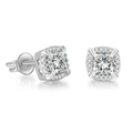 Detail view of hip hop stud earrings featuring a square zircon center and heart side cut-outs - Platinum + White