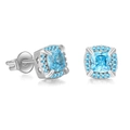 Luxurious square blue zircon hip hop stud earrings with micro-paved blue stones for men - Platinum + Aquamarine