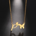 Golden stainless steel butterfly heart necklace with initial P pendant on a dark background - Gold Letter P