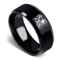 Close-up of black brushed stainless steel ring with Gemini sign and beveled edges - US 6 / Gemini