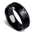 Close-up of black matte stainless steel ring with laser-engraved scorpion and polished edges - Scorpio