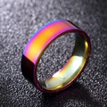 Macro view of flat titanium steel couple ring with vibrant rainbow gradient finish - Size 5 / Rainbow