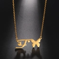 Golden stainless steel necklace featuring cursive letter F pendant with butterfly and hearts - Gold Letter F