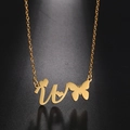 Golden stainless steel heart butterfly alphabet pendant necklace on black background - Gold Letter W