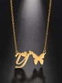 Polished gold stainless steel necklace featuring a script letter Y with butterfly and hearts - Gold Letter Y