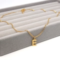 Poliertes goldenes E-Buchstaben-Anhänger an feiner Kette in einer Schmuckschatulle - Buchstabe E Stil (Gold E)