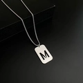 Polished silver stainless steel military tag necklace with hollow letter M pendant - Letter M