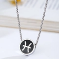 Minimalist stainless steel Pisces zodiac necklace with black enamel circle pendant - Pisces / Stainless Steel Pearl Chain / Silver
