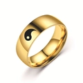 Polished gold 8mm stainless steel ring featuring a black Yin Yang symbol on white background - US 6 / Gold