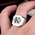 Detail of silver signet ring with engraved letter K and vintage vine patterns - Size 6 / Letter K