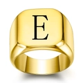 Macro view of golden signet ring showing black letter E and brushed metal texture - Size 6 / Style E
