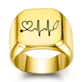 Polished gold stainless steel signet ring with heartbeat line and stethoscope design - US 5 / Gold