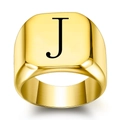 Polished gold signet ring featuring a square face and a black engraved letter J design - Size 6 / Letter J Style