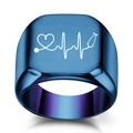 Polished blue stainless steel signet ring with ECG heartbeat and stethoscope design - US 5 / Blue