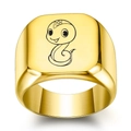 Macro detail of golden stainless steel ring featuring engraved cartoon zodiac snake design - Size 6 / Snake Style / Gold