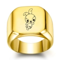 Macro detail of a golden signet ring featuring a minimalist cartoon rabbit engraving - Size 6 / Rabbit Style / Gold