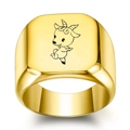 Macro shot of gold-plated signet ring featuring a minimalist cartoon goat engraving - Size 6 / Goat Style / Gold