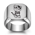 Macro shot of silver signet ring featuring a cartoon tiger engraving and brushed metal texture - Size 6 / Tiger Style / Silver