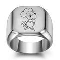 Macro detail of silver stainless steel square signet ring with cartoon rooster engraving - Size 6 / Rooster Style / Silver