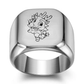 Detailed view of silver square signet ring with a minimalist cartoon dragon engraving - Size 6 / Dragon Style / Silver