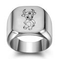 Detailed view of silver stainless steel signet ring with cartoon ox pattern engraving - Size 6 / Ox Style / Silver
