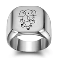 Detailed close-up of a square polished steel signet ring with a cartoon pig engraving - Size 6 / Pig Style / Silver