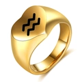 Primer plano del anillo de sello del zodiaco Acuario en oro pulido con diseño de corazón - Talla 6 / Acuario / Dorado