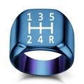 Blue stainless steel square ring featuring a vintage manual car gear shift pattern design - Size 5 / Blue