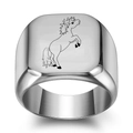 Vue macro de bague chevalière en acier argenté avec gravure de silhouette de cheval noir - US 6 / Cheval de Course Argent