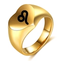 Anillo de sello corazón dorado con el símbolo del zodiaco Leo en negro sobre fondo blanco - Talla 6 / Leo / Dorado