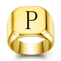 Men's vintage punk square signet ring in gold finish with engraved black letter P - Size 6 / Style P