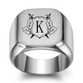 Polished signet ring for men with shield crest and double swords featuring letter K - Letter K