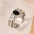 French vintage style adjustable open ring with oval black enamel and white leaf pattern - Oval Lace Silver Style (k-11)