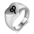 Anillo de sello corazón de acero titanio pulido con símbolo del zodiaco de Leo - Talla 6 / Leo / Color acero