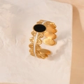 French vintage style adjustable gold ring with black enamel and embossed leaf details - Oval Lace Gold Style (k-11)