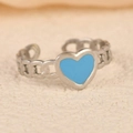 Sky blue heart enamel ring with silver hollow cuban link band and open adjustable design - Small Heart Blue Silver Style (k-22)