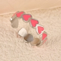Adjustable silver ring featuring a continuous row of pink enamel heart-shaped patterns - Full Circle Heart Pink Silver Style (k-13)