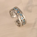 Adjustable stainless steel open ring with blue enamel star and moon cutout pattern - Star Moon Blue Silver Style (k-20)