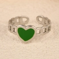 Adjustable silver stainless steel open ring featuring a green heart and woven design - Small Heart Green Silver Style (k-22)