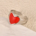Minimalist silver stainless steel open ring with red heart enamel detail for women - Big Heart Red Style (k-21)