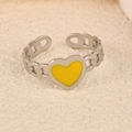 Minimalist stainless steel chain ring featuring a vibrant yellow enamel heart design - Small Heart Yellow Silver Style (k-22)