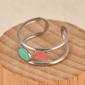 Minimalist double layer silver ring with green circle and red rectangle enamel details - Pink Green Round Square Style (k-24)