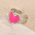 Minimalist silver stainless steel open ring with a vibrant pink enamel heart charm - Big Heart Rose Red Style (k-21)